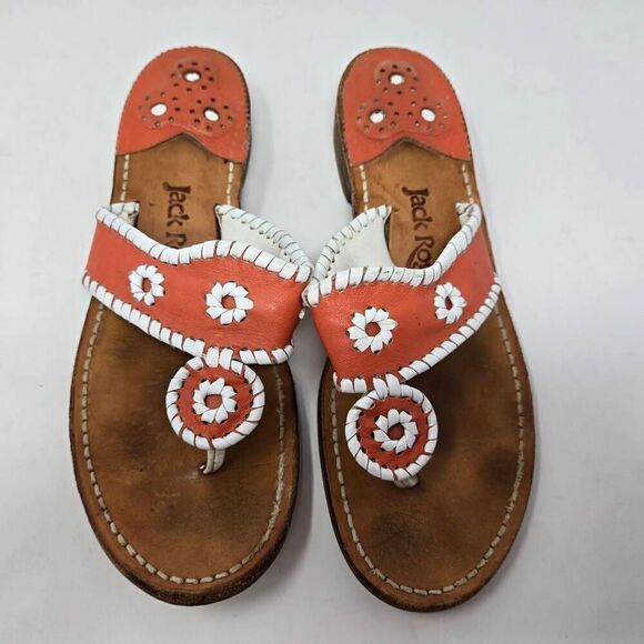 JACK ROGERS USA VINTAGE JACKS FLATS ORANGE WHITE WOMENS SANDALS SIZE 9 M - Picture 2 of 5